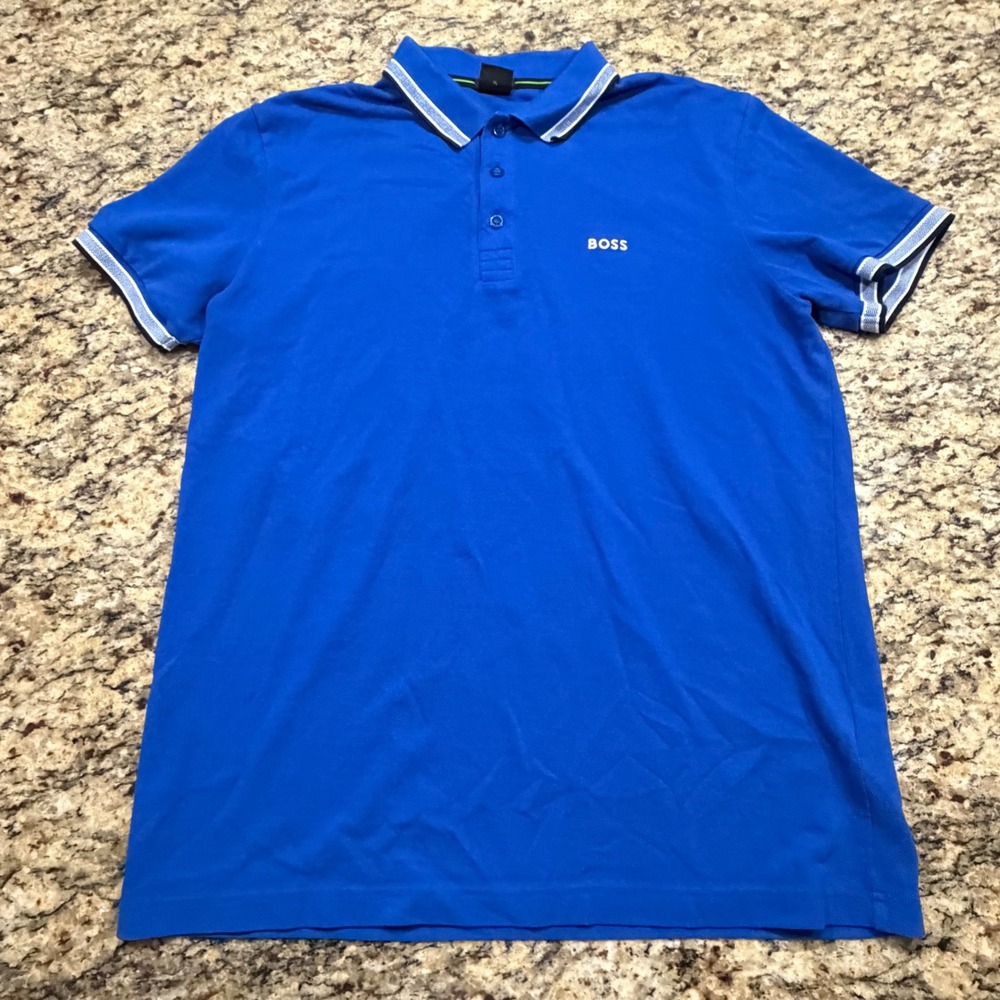 Hugo Boss Mens XL Blue Regular Fit Pique Polo Shirt Striped Trim Logo S ws